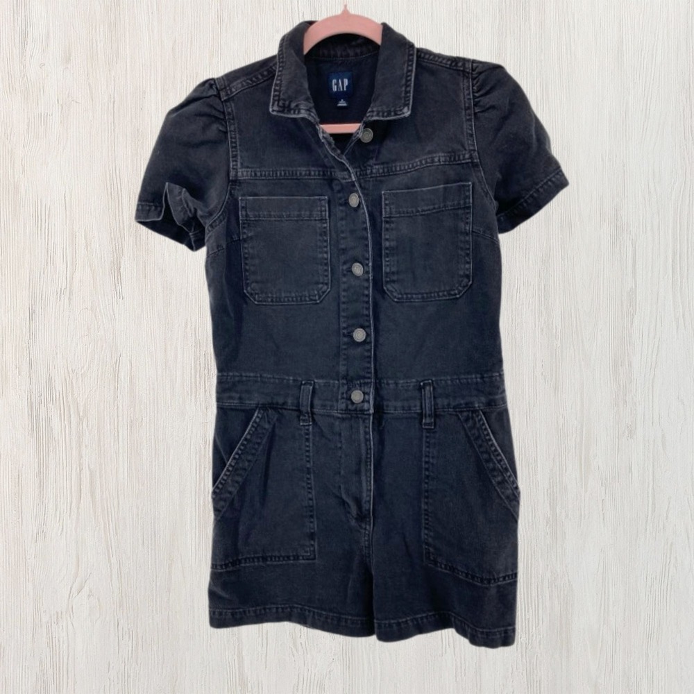 Gap Womens Black Denim Utility‎ Romper Puff Sleeve Button Front Size 6 Petite
